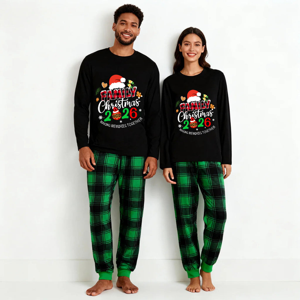 "Making Memories Together Christmas 2026" Print Black and Green Plaid Pants Family Matching Pajamas