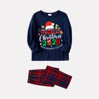 "Family Christmas 2026" Text and Santa Hat Prints Blue Long Sleeves Top with Red and Blue Plaid Pants Christmas Matching Pajamas