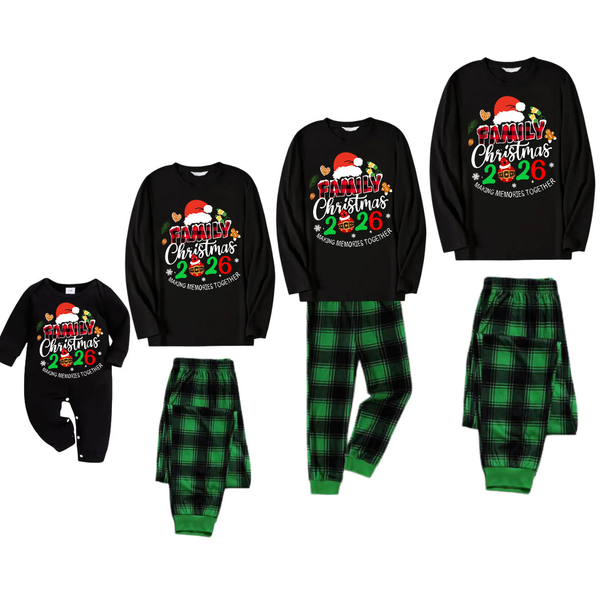 "Making Memories Together Christmas 2026" Print Black and Green Plaid Pants Family Matching Pajamas