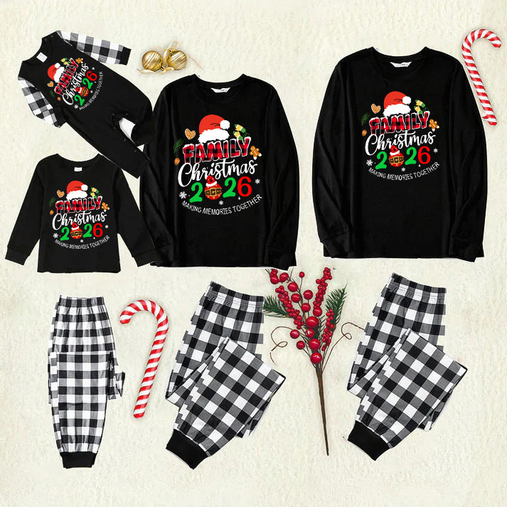 Family Christmas 2026 Making Memories Together Text Print Black Long Sleeve Top with Black And White Plaid Pants Family Matching Pajamas