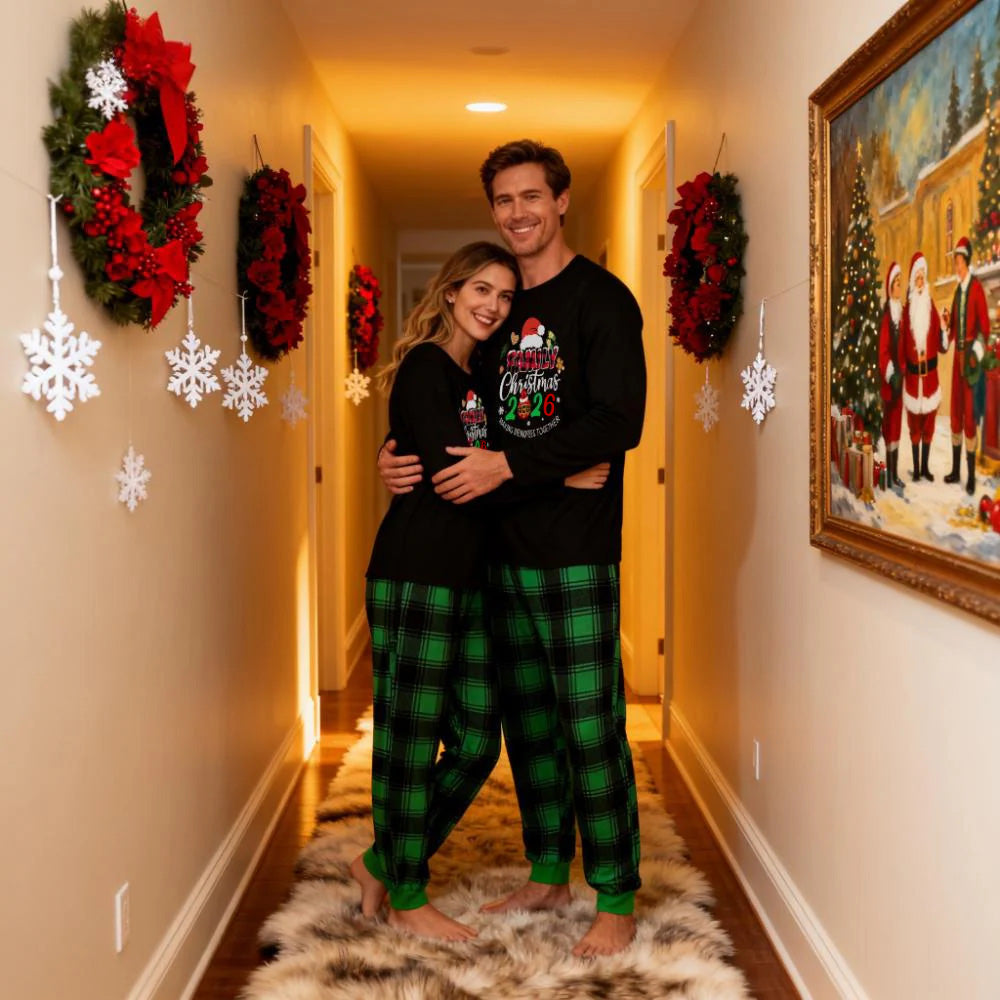"Making Memories Together Christmas 2026" Print Black and Green Plaid Pants Couple Matching Pajamas