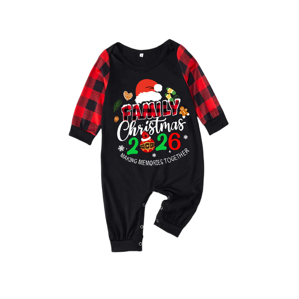 Santa Hat and "2026 Family Christmas" Text Print Black & Red Plaid Christmas Matching Pajamas