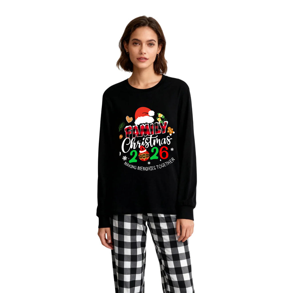 Family Christmas 2026 Making Memories Together Text Print Black Long Sleeve Top with Black And White Plaid Pants Family Matching Pajamas