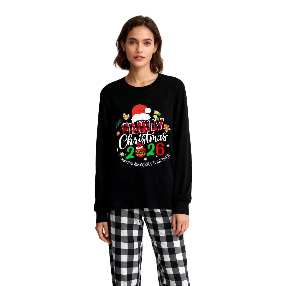 Family Christmas 2026 Making Memories Together Text Print Black Long Sleeve Top with Black And White Plaid Pants Family Matching Pajamas