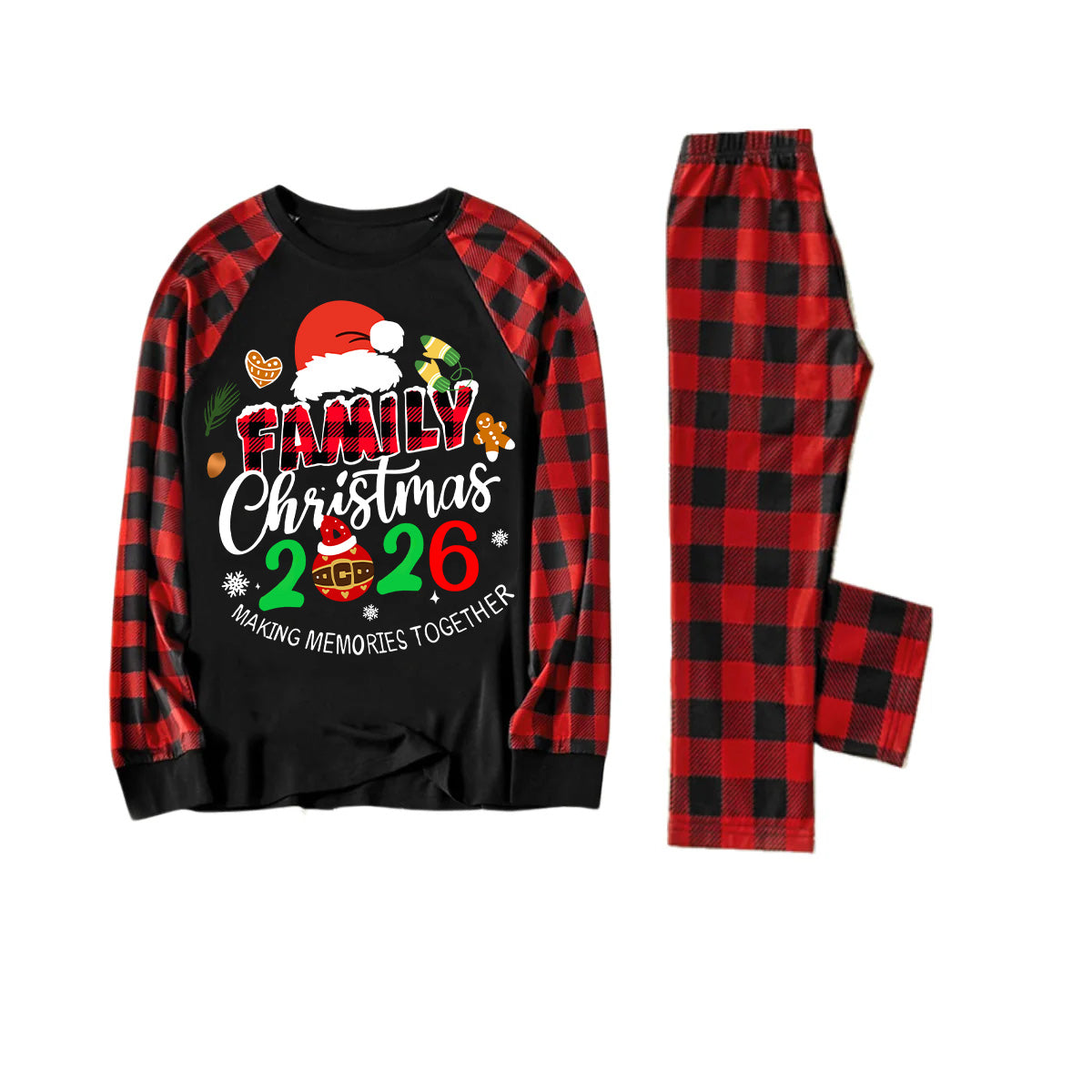 Santa Hat and "2026 Family Christmas" Text Print Black & Red Plaid Christmas Matching Pajamas