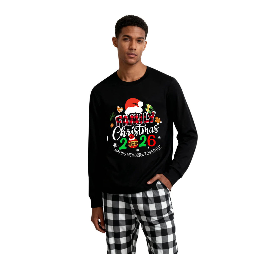 Family Christmas 2026 Making Memories Together Text Print Black Long Sleeve Top with Black And White Plaid Pants Family Matching Pajamas