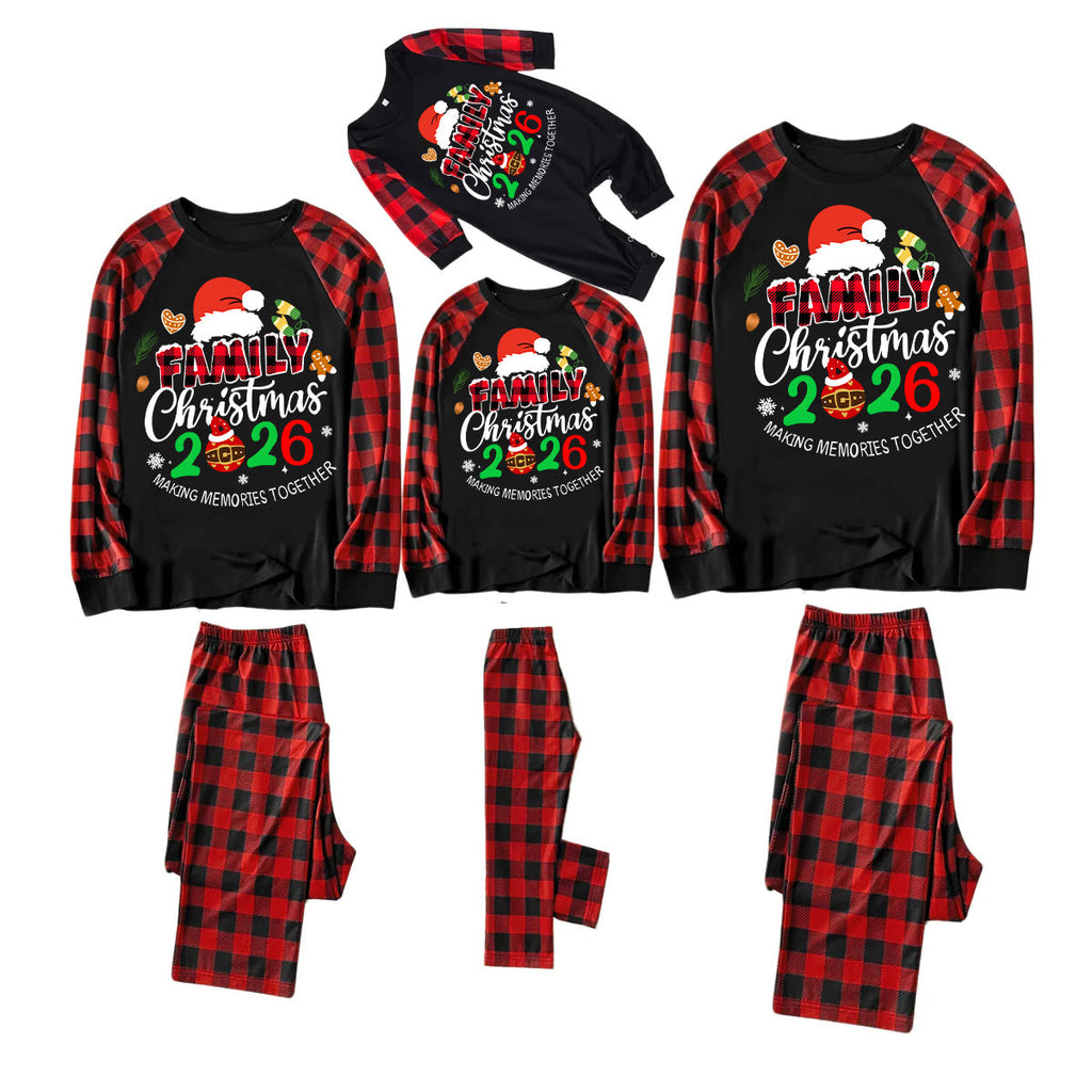 Santa Hat and "2026 Family Christmas" Text Print Black & Red Plaid Christmas Matching Pajamas