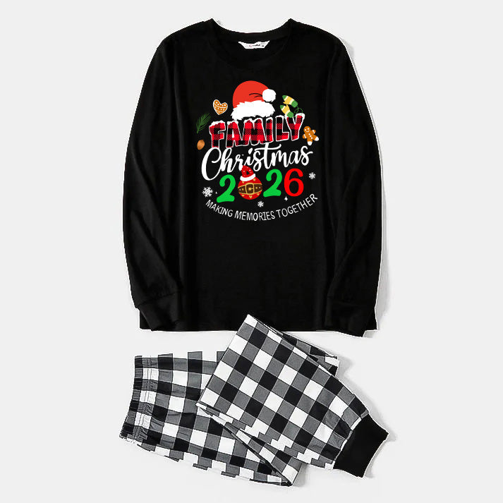 Family Christmas 2026 Making Memories Together Text Print Black Long Sleeve Top with Black And White Plaid Pants Family Matching Pajamas