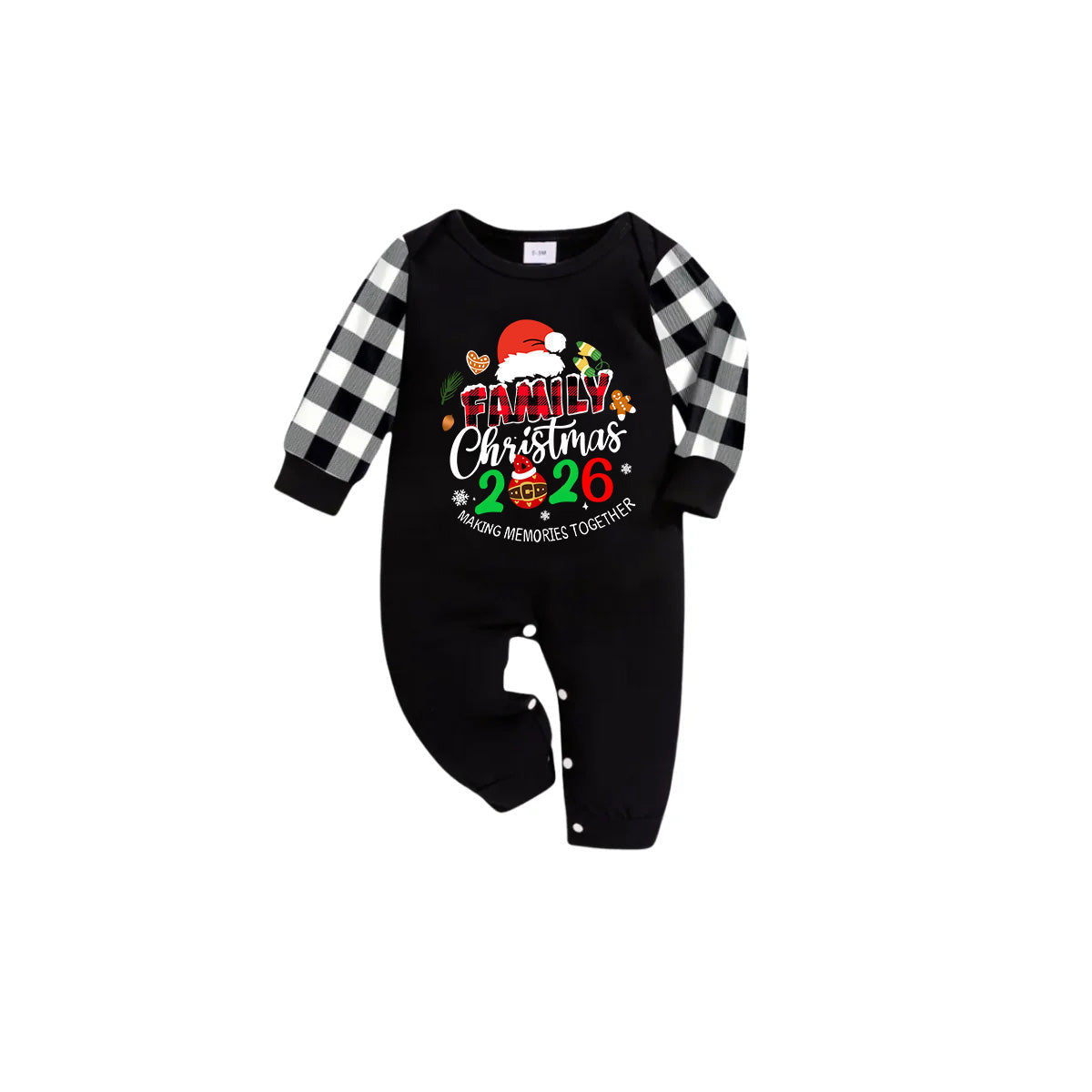 Making Memories Together Family Christmas 2026 Pajamas Set - Black Top Black and White Plaid Pants Santa Hat Graphic