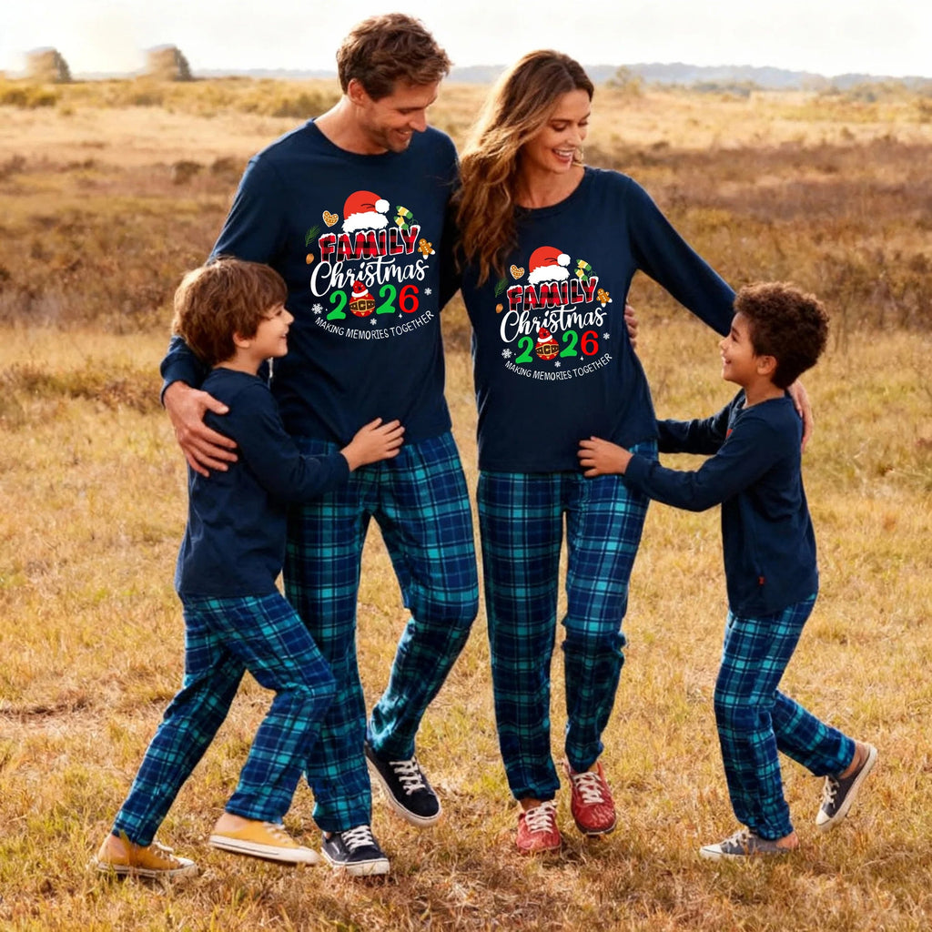 Family Christmas 2026 Making Memories Together Text Print Blue Long Sleeve Top With Blue Plaid Family Matching Pajamas