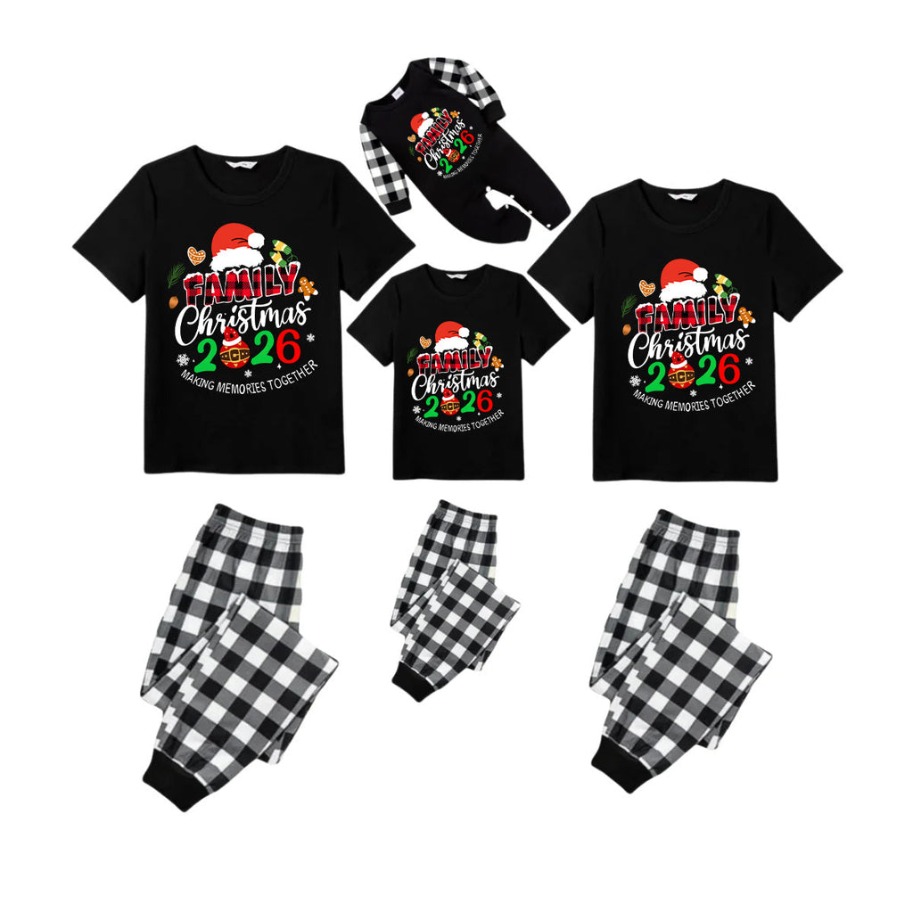 Making Memories Together Family Christmas 2026 Pajamas Set - Black Top Black and White Plaid Pants Santa Hat Graphic