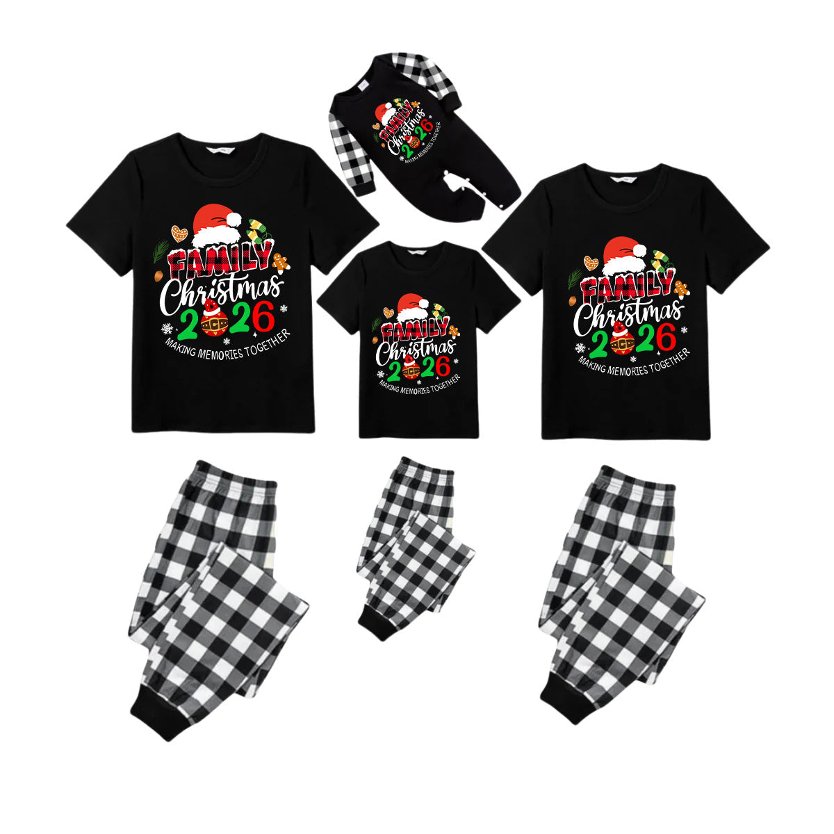 Making Memories Together Family Christmas 2026 Pajamas Set - Black Top Black and White Plaid Pants Santa Hat Graphic