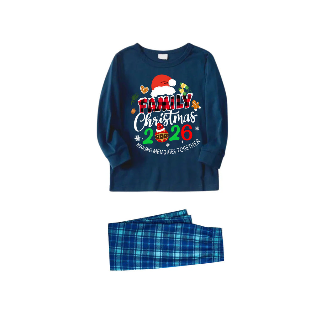 Family Christmas 2026 Making Memories Together Text Print Blue Long Sleeve Top With Blue Plaid Family Matching Pajamas