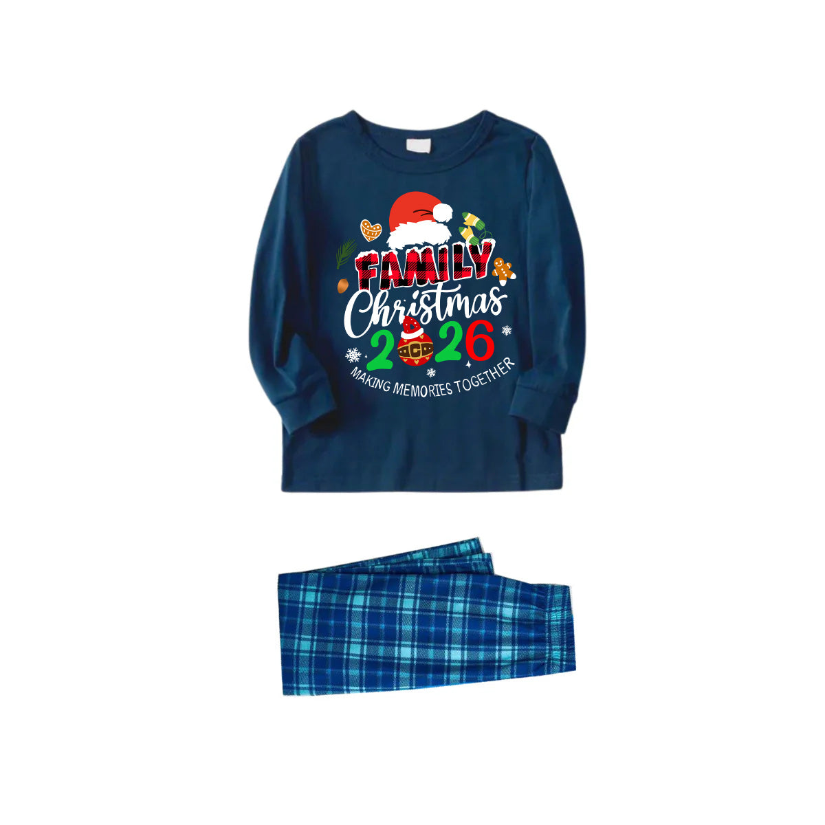 Family Christmas 2026 Making Memories Together Text Print Blue Long Sleeve Top With Blue Plaid Family Matching Pajamas