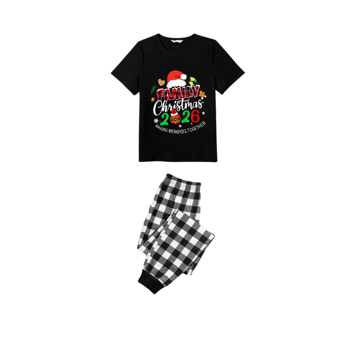 Making Memories Together Family Christmas 2026 Pajamas Set - Black Top Black and White Plaid Pants Santa Hat Graphic