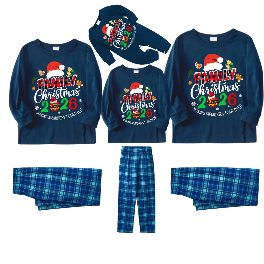 Family Christmas 2026 Making Memories Together Text Print Blue Long Sleeve Top With Blue Plaid Family Matching Pajamas