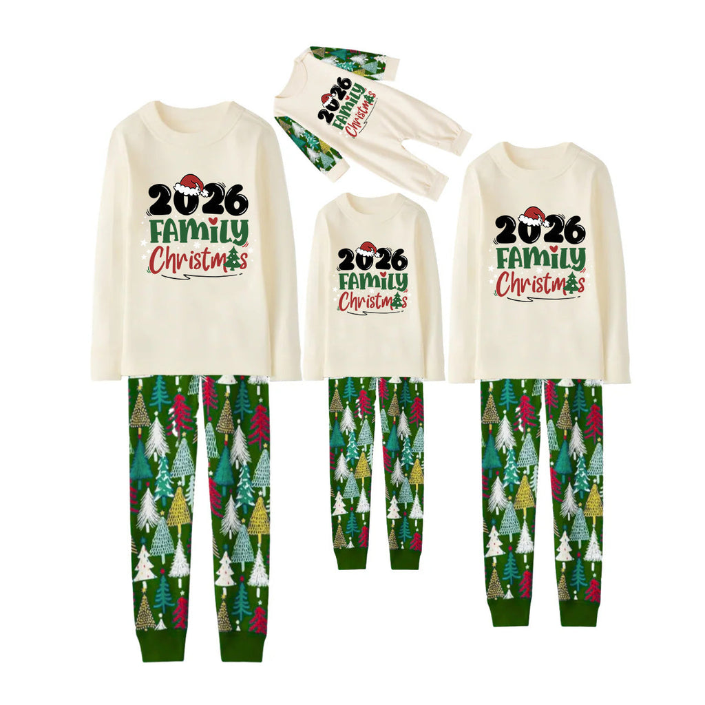 Merry Christmas 2026 Family Pajamas Set - Cream Top, Green Pants with Christmas Tree Pattern, Green Sleeves with Christmas Tree Pattern, Santa Hat & Christmas Tree Print