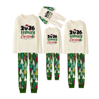Merry Christmas 2026 Family Pajamas Set - Cream Top, Green Pants with Christmas Tree Pattern, Green Sleeves with Christmas Tree Pattern, Santa Hat & Christmas Tree Print