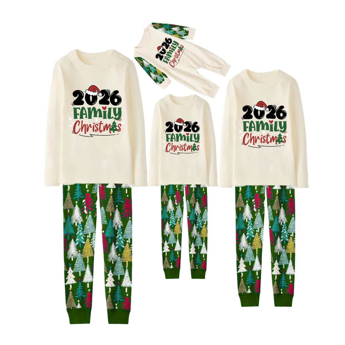 Merry Christmas 2026 Family Pajamas Set - Cream Top, Green Pants with Christmas Tree Pattern, Green Sleeves with Christmas Tree Pattern, Santa Hat & Christmas Tree Print