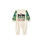 Merry Christmas 2026 Family Pajamas Set - Cream Top, Green Pants with Christmas Tree Pattern, Green Sleeves with Christmas Tree Pattern, Santa Hat & Christmas Tree Print