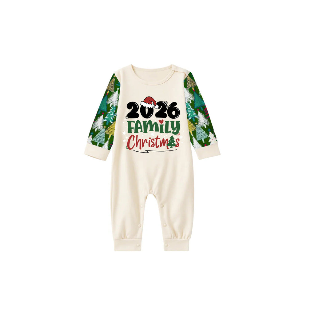 Merry Christmas 2026 Family Pajamas Set - Cream Top, Green Pants with Christmas Tree Pattern, Green Sleeves with Christmas Tree Pattern, Santa Hat & Christmas Tree Print