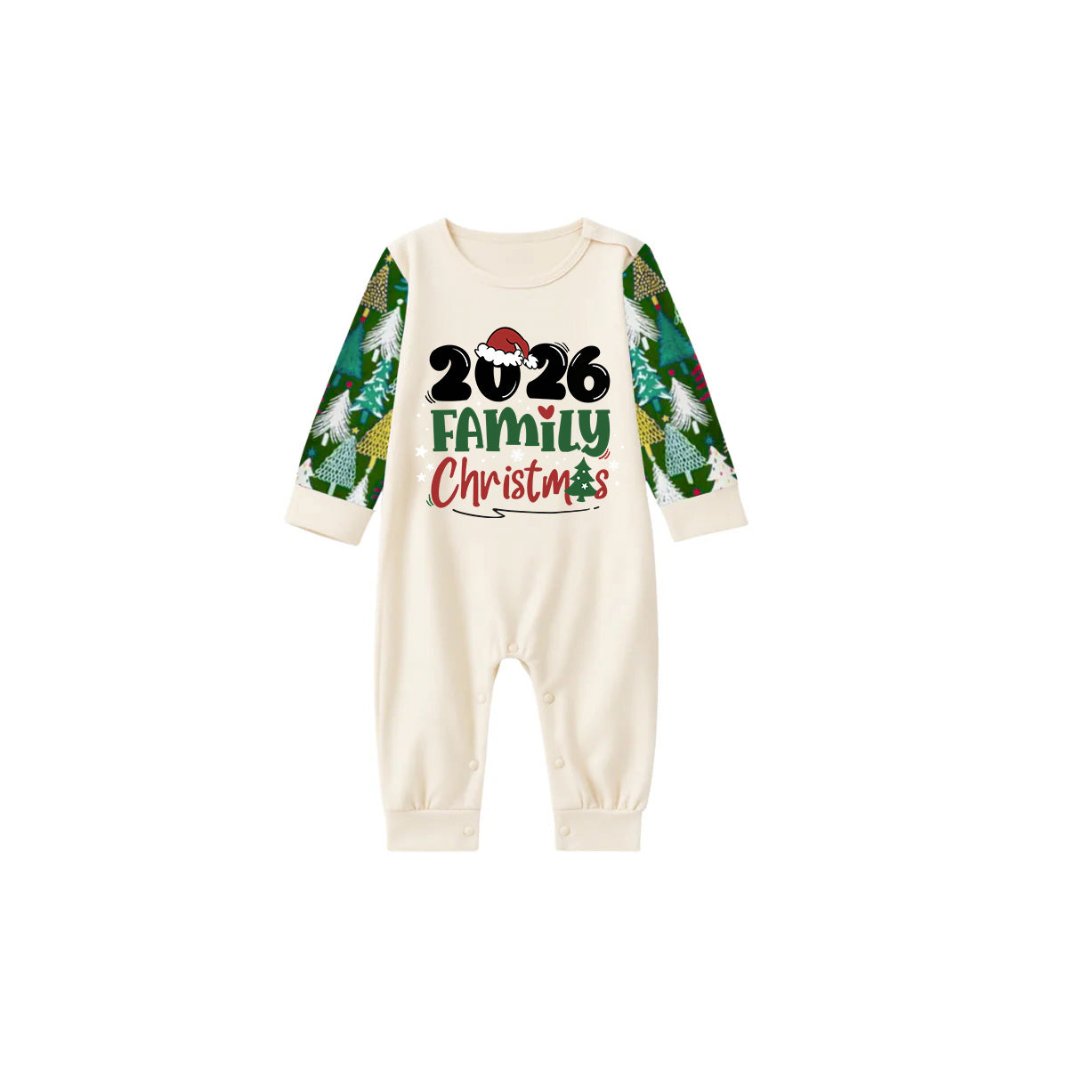 Merry Christmas 2026 Family Pajamas Set - Cream Top, Green Pants with Christmas Tree Pattern, Green Sleeves with Christmas Tree Pattern, Santa Hat & Christmas Tree Print