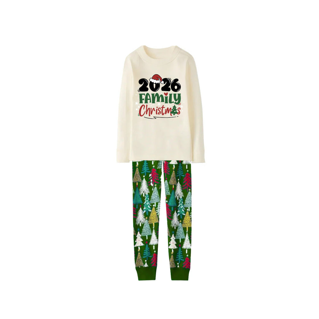 Merry Christmas 2026 Family Pajamas Set - Cream Top, Green Pants with Christmas Tree Pattern, Green Sleeves with Christmas Tree Pattern, Santa Hat & Christmas Tree Print