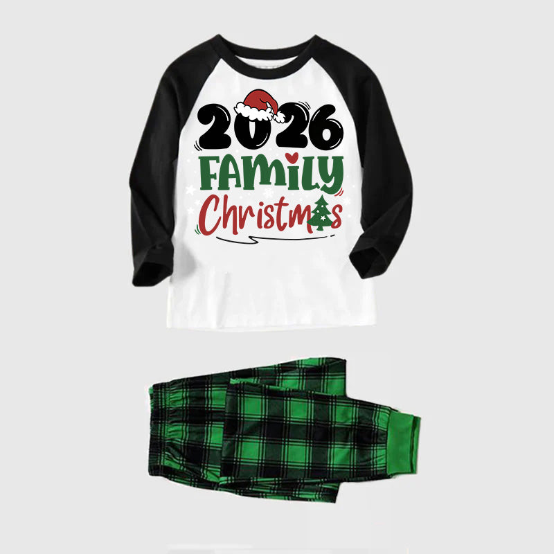2026 Family Christmas Pajamas Set - Black Raglan Sleeve White Top Green and Black Plaid Pants Graphic