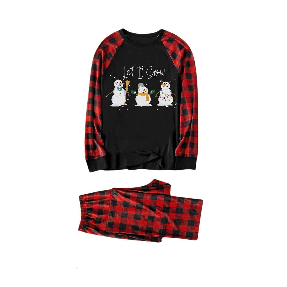 Red and Black Plaid Christmas Pajamas Set With Snowman and Slogan Designs