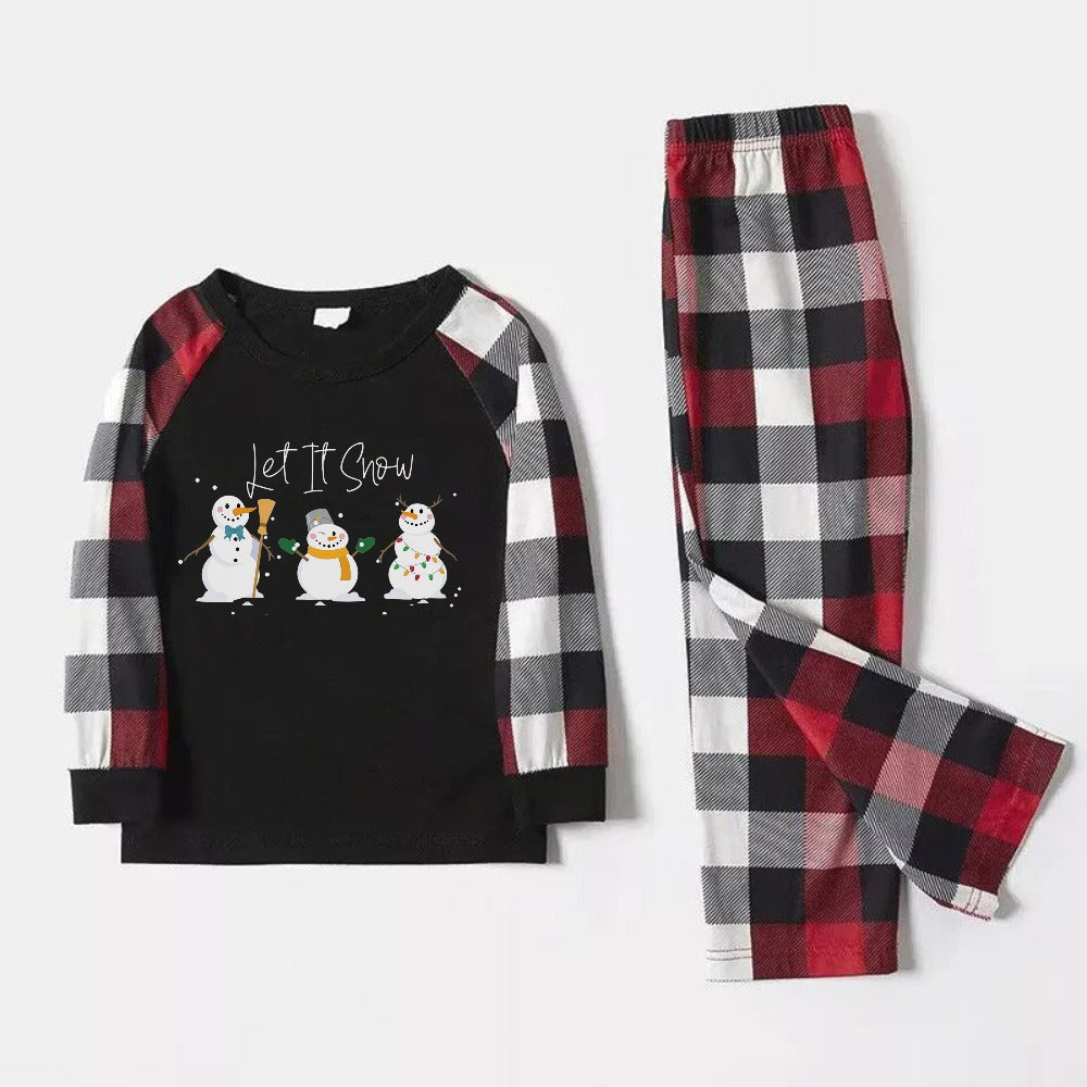 Christmas Family Matching Pajamas-Red and Gray Plaid Pjs set with "Let It Snow" and Christmas Snowman Pattern Colorful Print