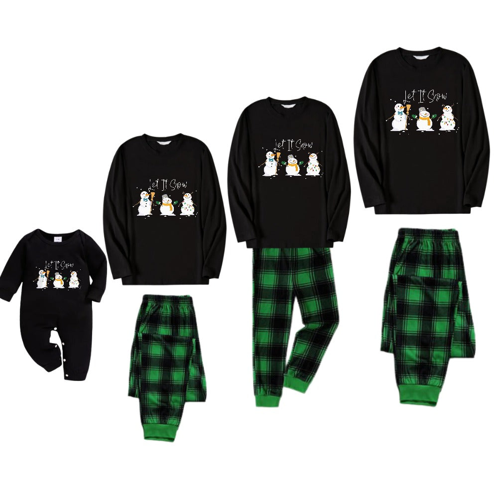 Christmas Family Matching Pajamas-Black Top and Green Plaid Pants Pjs Set with Snowman and "Let It Snow" Print