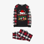 Red and Gray Plaid Christmas Pajamas Set With Santa Hat and "Merry Christmas 2026" Text Print