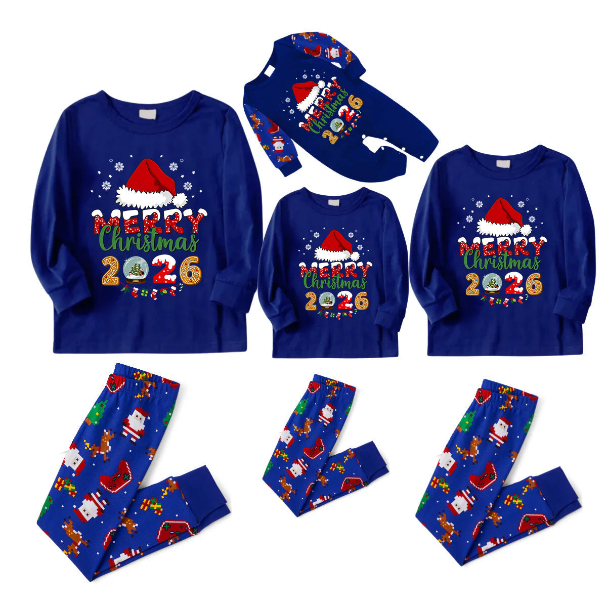 Cozy Blue Christmas Pajamas Set With Santa Hat and "Merry Christmas 2026" Text Print