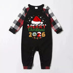 Red and Gray Plaid Christmas Pajamas Set With Santa Hat and "Merry Christmas 2026" Text Print