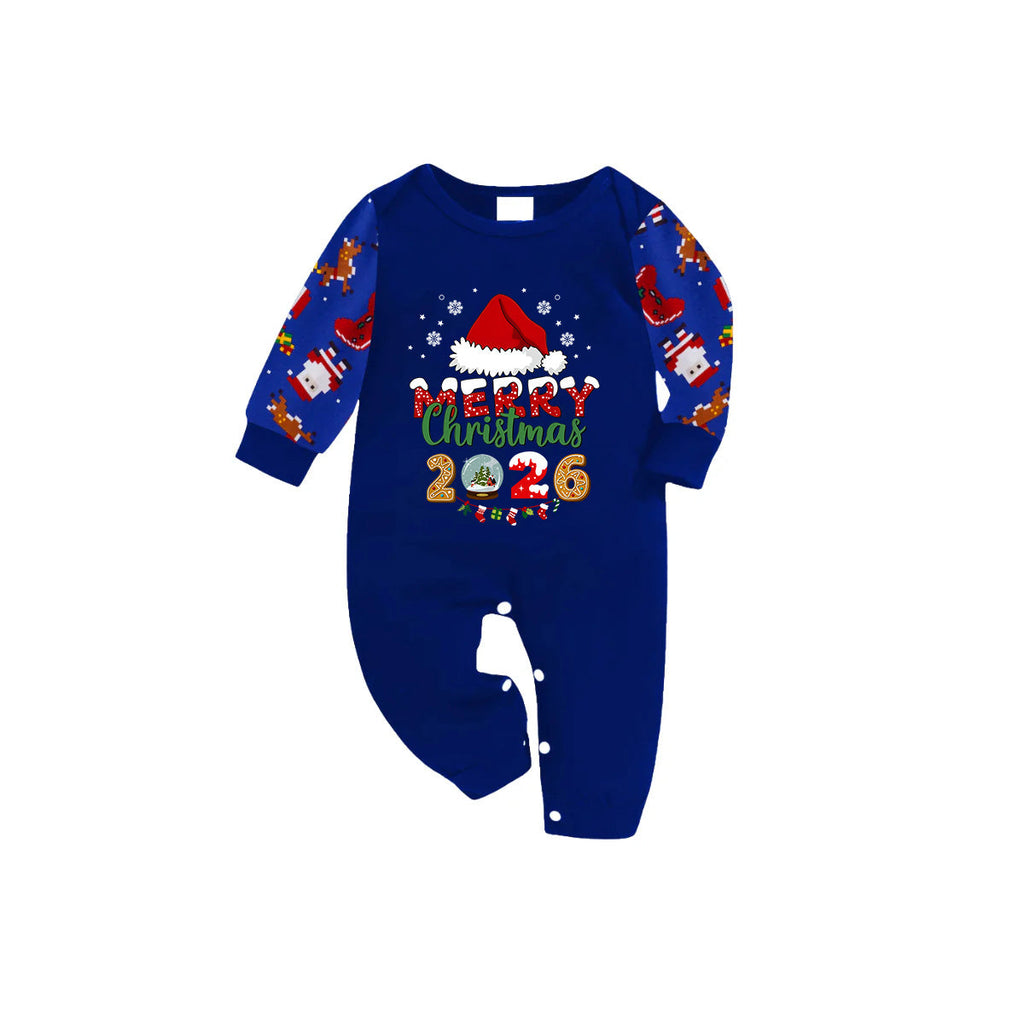 Cozy Blue Christmas Pajamas Set With Santa Hat and "Merry Christmas 2026" Text Print