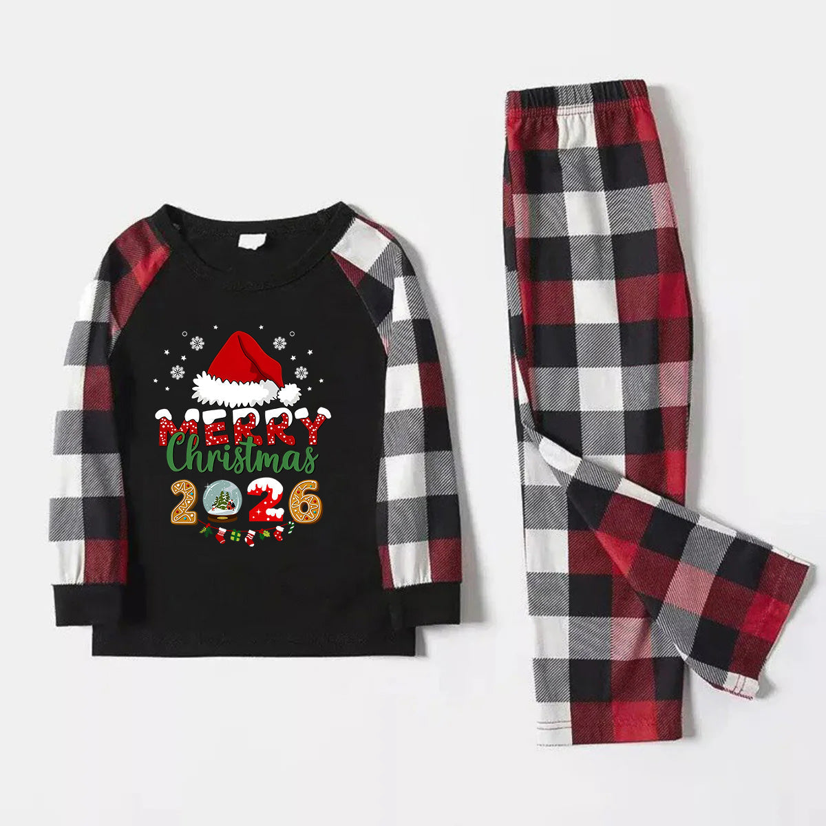 Red and Gray Plaid Christmas Pajamas Set With Santa Hat and "Merry Christmas 2026" Text Print