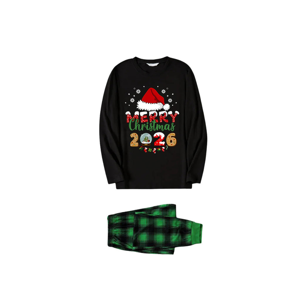 Black Top and Green Plaid Pants Christmas Pajamas Set With Santa Hat and "Merry Christmas 2026" Text Print