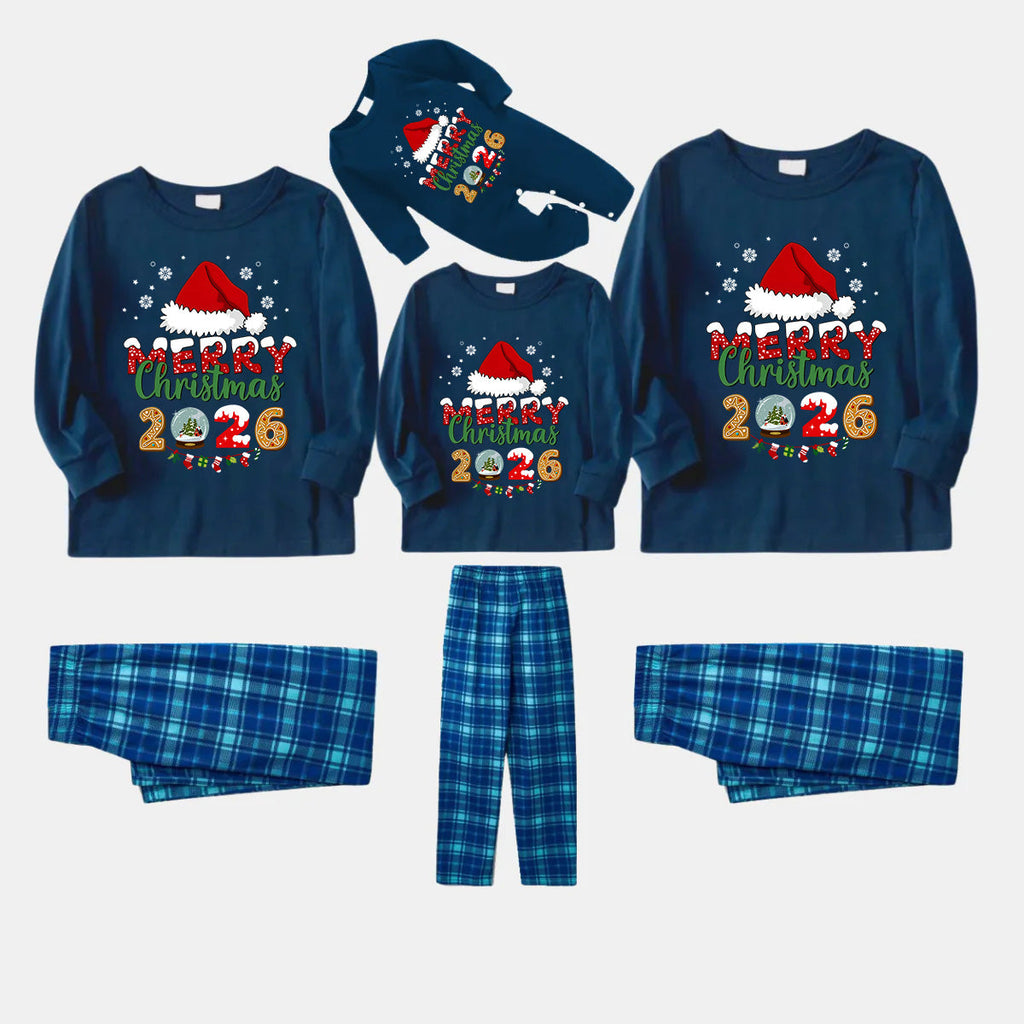 Navy & Sky Blue Plaid Christmas Pajamas Set With Santa Hat and "Merry Christmas 2026" Text Print