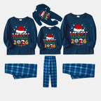 Navy & Sky Blue Plaid Christmas Pajamas Set With Santa Hat and "Merry Christmas 2026" Text Print