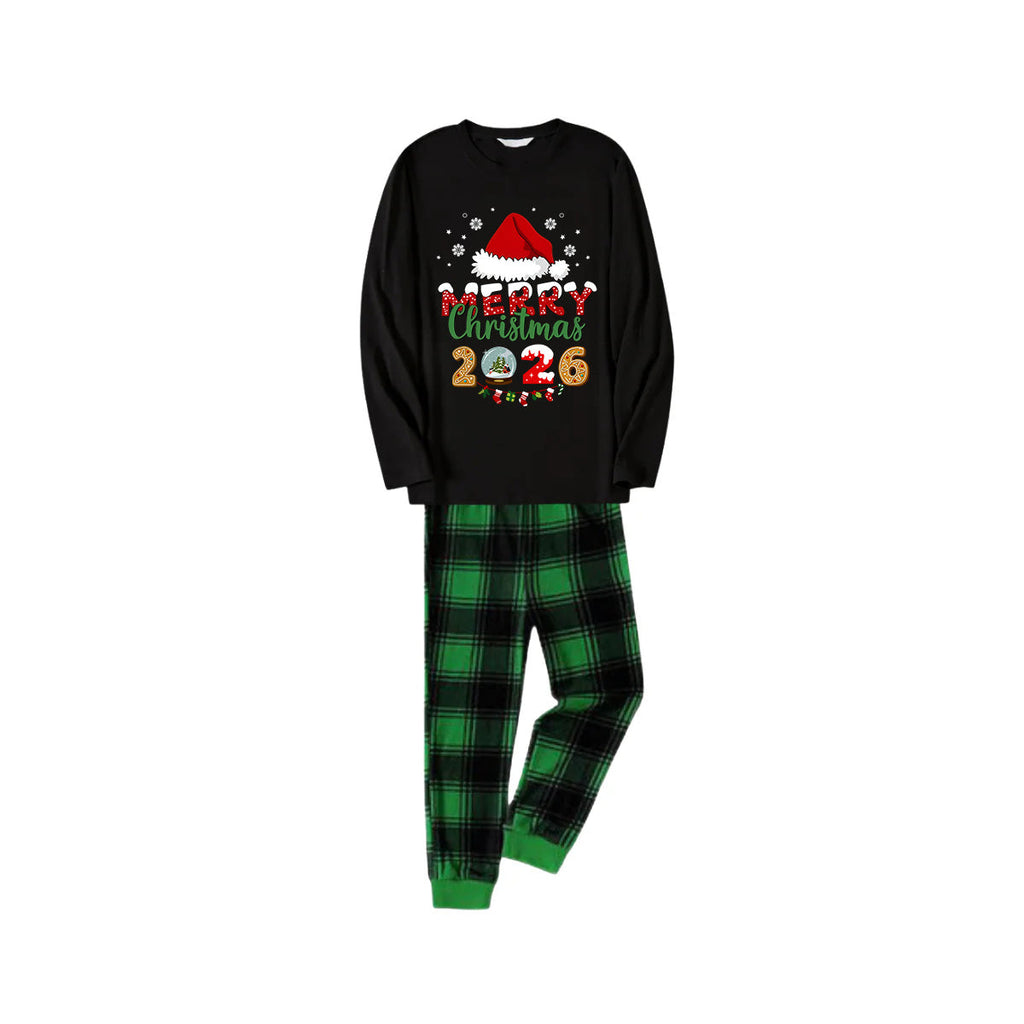 Black Top and Green Plaid Pants Christmas Pajamas Set With Santa Hat and "Merry Christmas 2026" Text Print