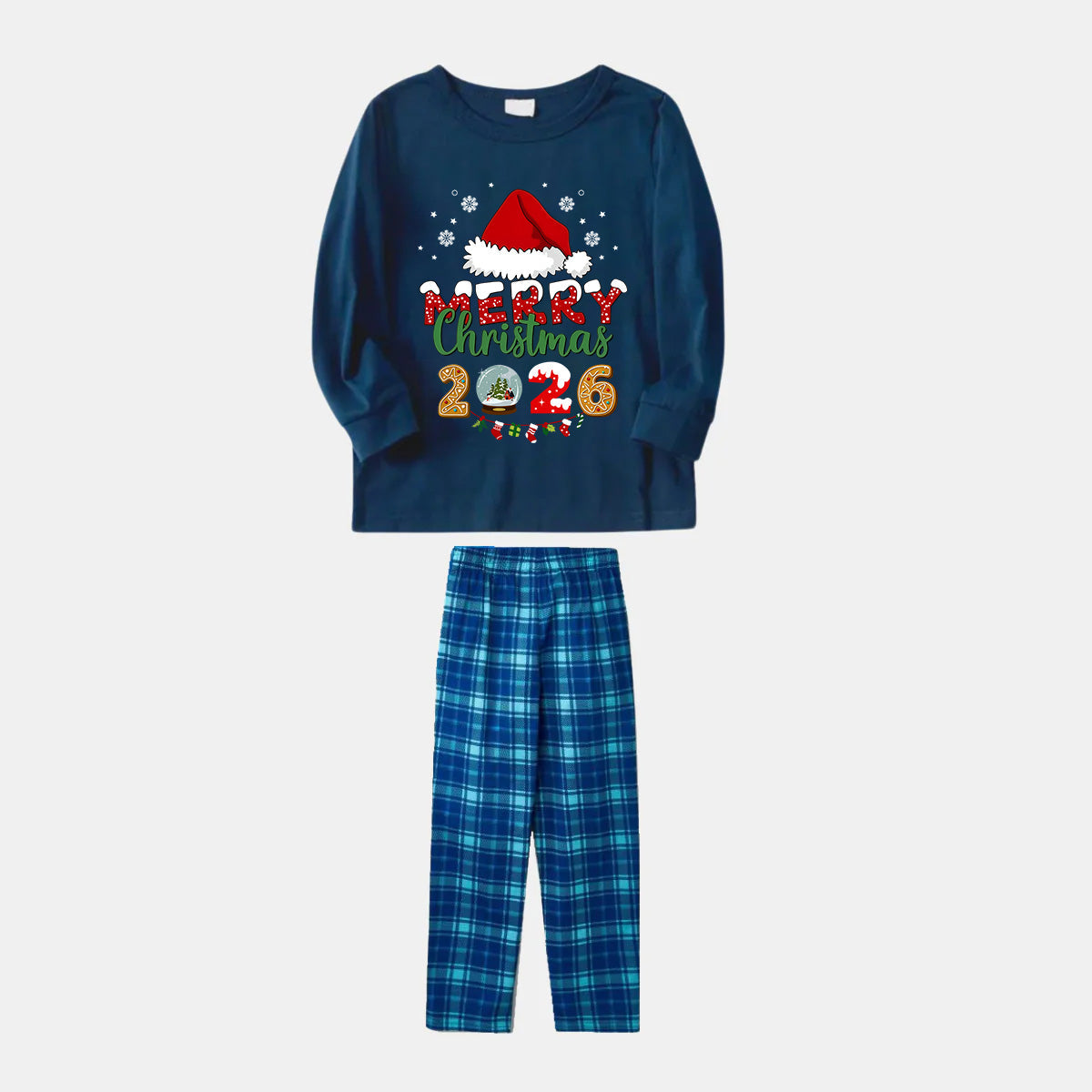 Navy & Sky Blue Plaid Christmas Pajamas Set With Santa Hat and "Merry Christmas 2026" Text Print