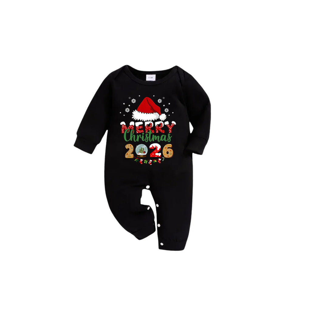 Black Top and Green Plaid Pants Christmas Pajamas Set With Santa Hat and "Merry Christmas 2026" Text Print