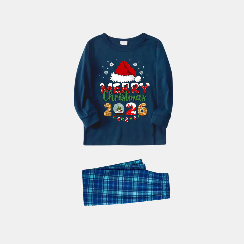 Navy & Sky Blue Plaid Christmas Pajamas Set With Santa Hat and "Merry Christmas 2026" Text Print