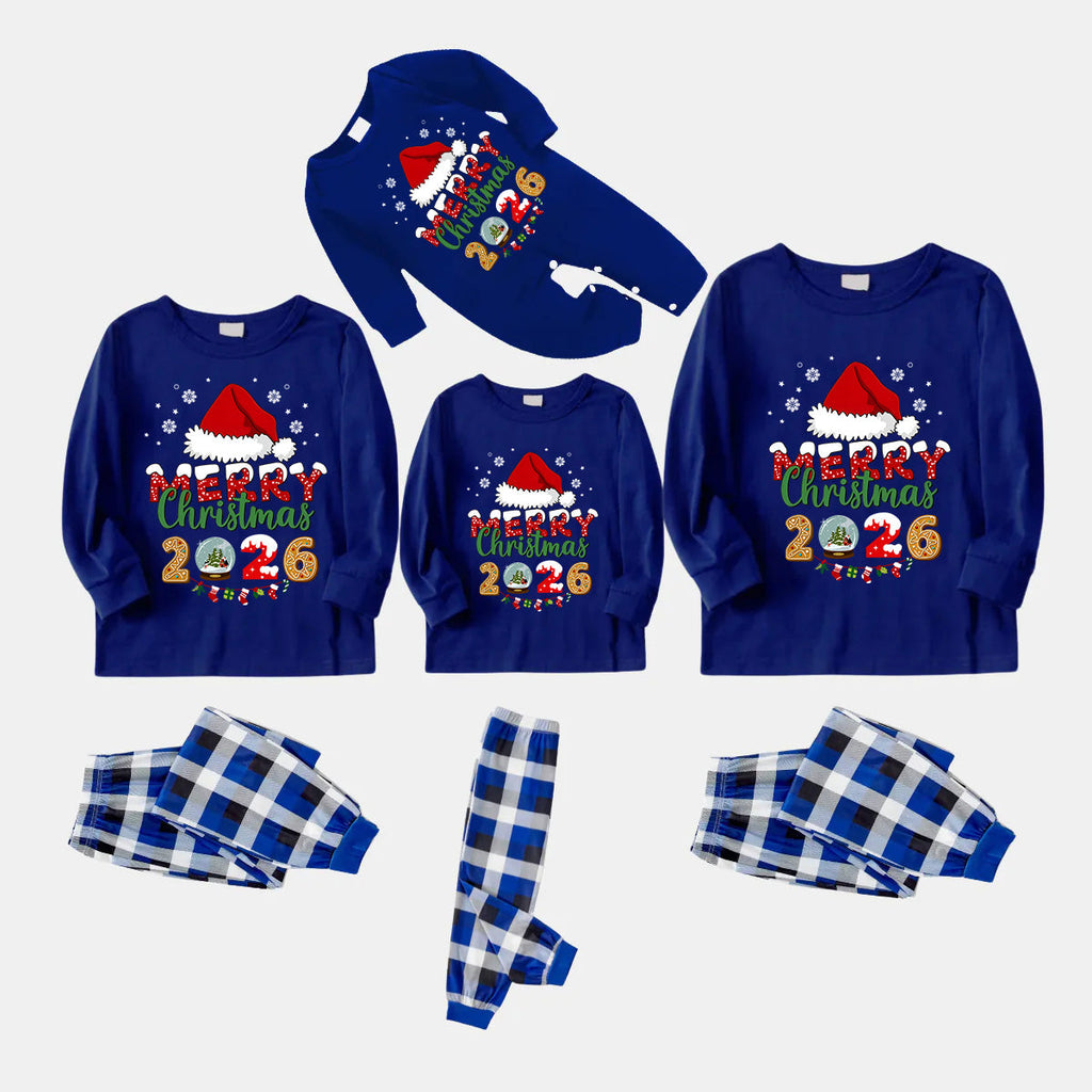 Navy & White Plaid Christmas Pajamas Set With Santa Hat and "Merry Christmas 2026" Text Print