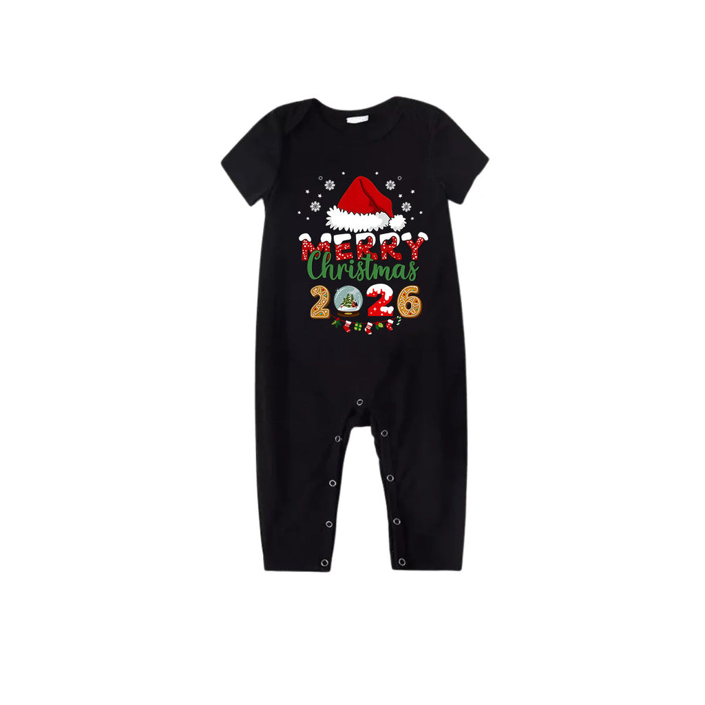 Red and Black Plaid Short Sleeve Christmas Pajamas Set With Santa Hat and "Merry Christmas 2026" Text Print