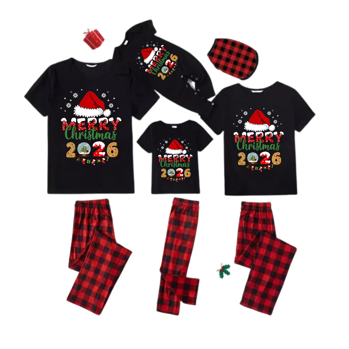 Red and Black Plaid Short Sleeve Christmas Pajamas Set With Santa Hat and "Merry Christmas 2026" Text Print