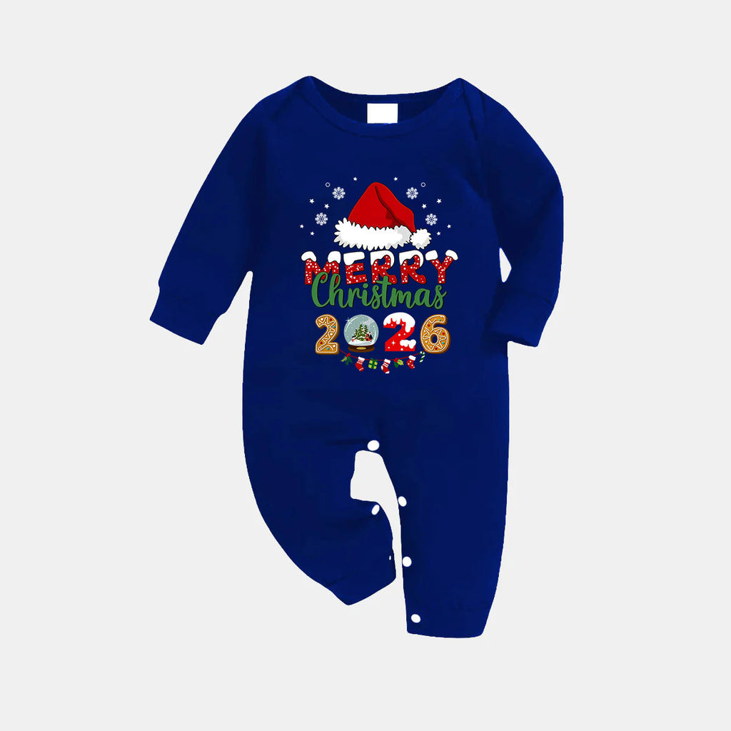 Navy & White Plaid Christmas Pajamas Set With Santa Hat and "Merry Christmas 2026" Text Print