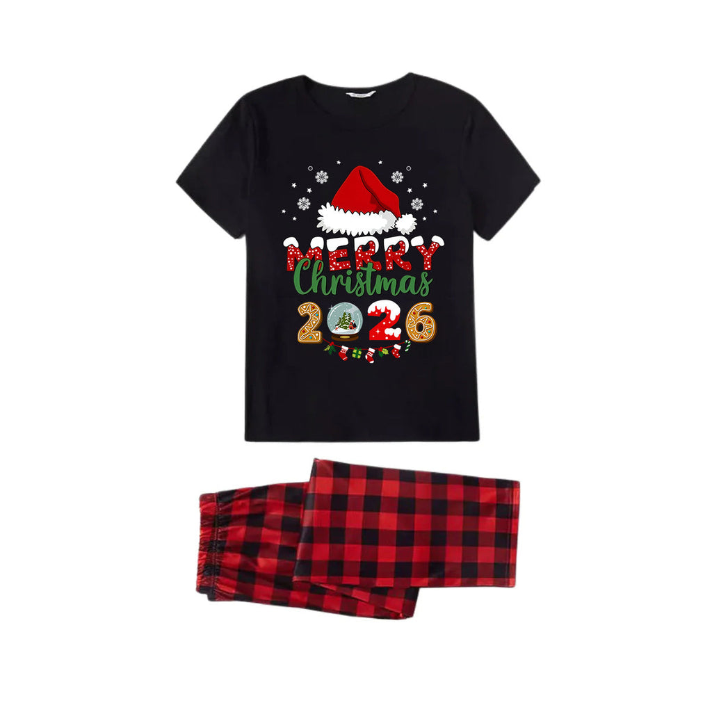 Red and Black Plaid Short Sleeve Christmas Pajamas Set With Santa Hat and "Merry Christmas 2026" Text Print
