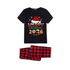 Red and Black Plaid Short Sleeve Christmas Pajamas Set With Santa Hat and "Merry Christmas 2026" Text Print
