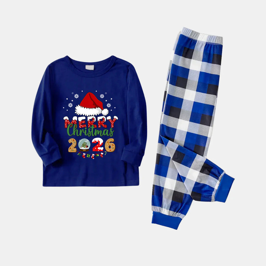 Navy & White Plaid Christmas Pajamas Set With Santa Hat and "Merry Christmas 2026" Text Print